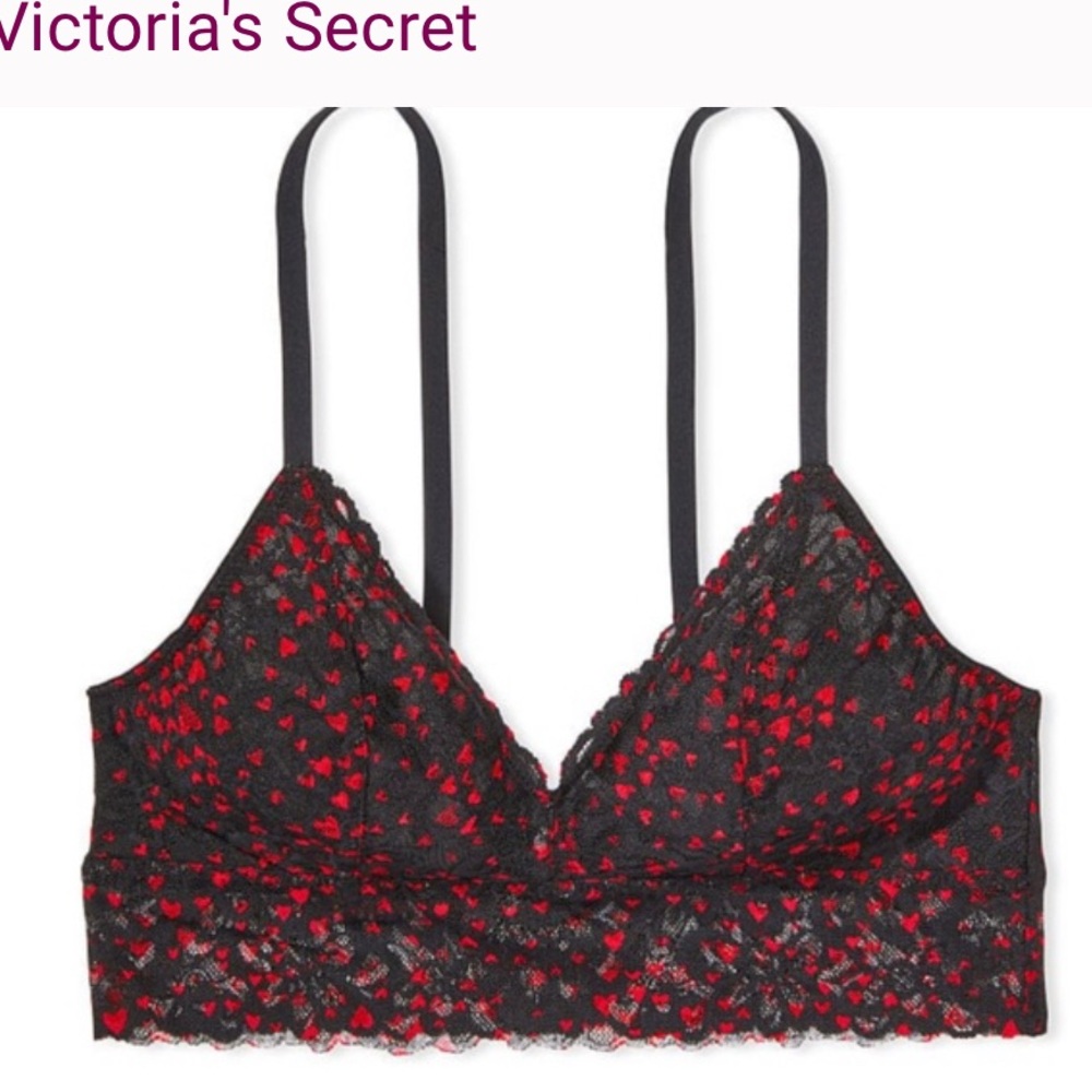 Victoria's Secret Black and Red Heart Lace Bralette